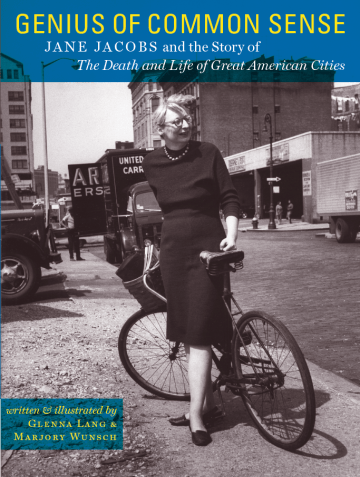 One of the few pictures of Jane Jacobs on a bike, from the cover of a book for young adults.